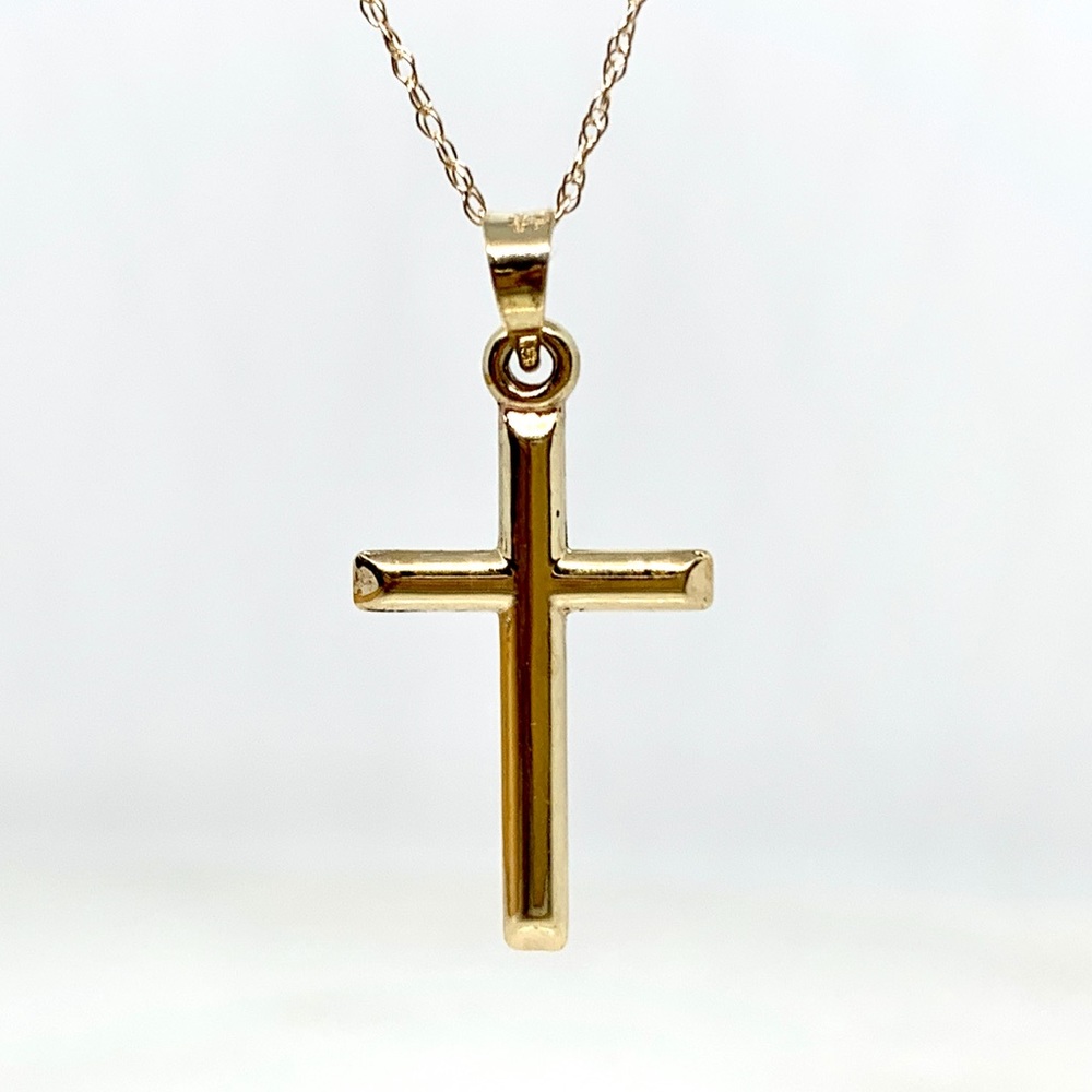 10K Yellow Gold 1" Polished Cross Pendant w/16” Chain